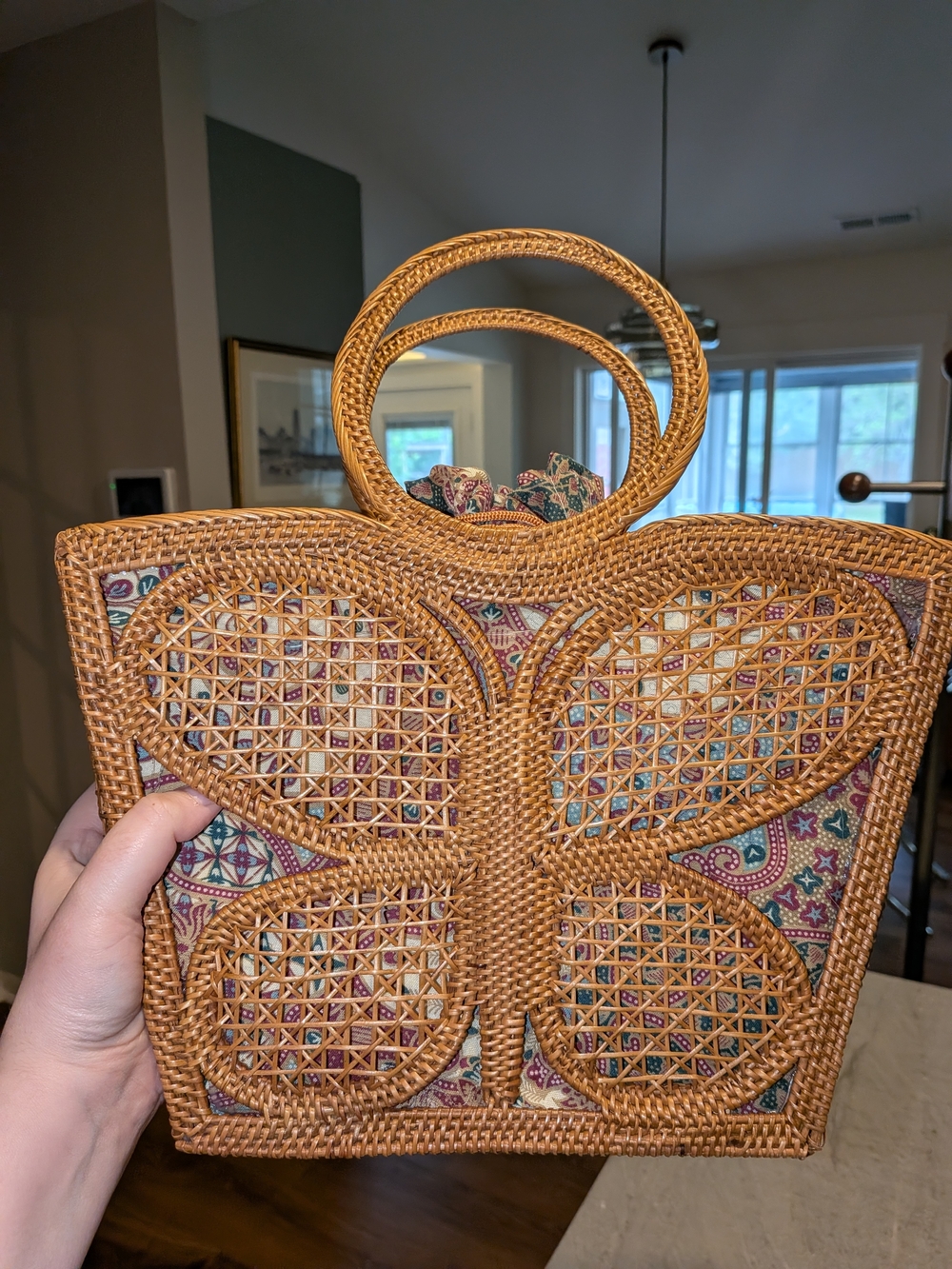JELAVU Ata Butterfly Handwoven Rattan Tote Bag Printed Liner